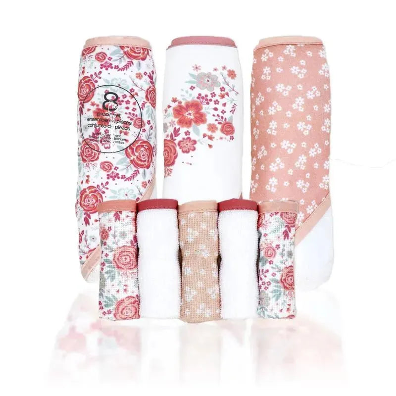 Rose Textiles - 3 Hooded Towels W/ 5 Washcloths, Pink Bouquet Image 1