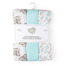 Rose Textiles - 3 Pack Baby Muslin Swaddle Blanket, Elephant Blue Image 1