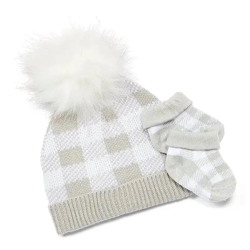 Rose Textiles - Grey Buffalo Check Faux Fur Pom-Pom Beanie & Bootie Image 1
