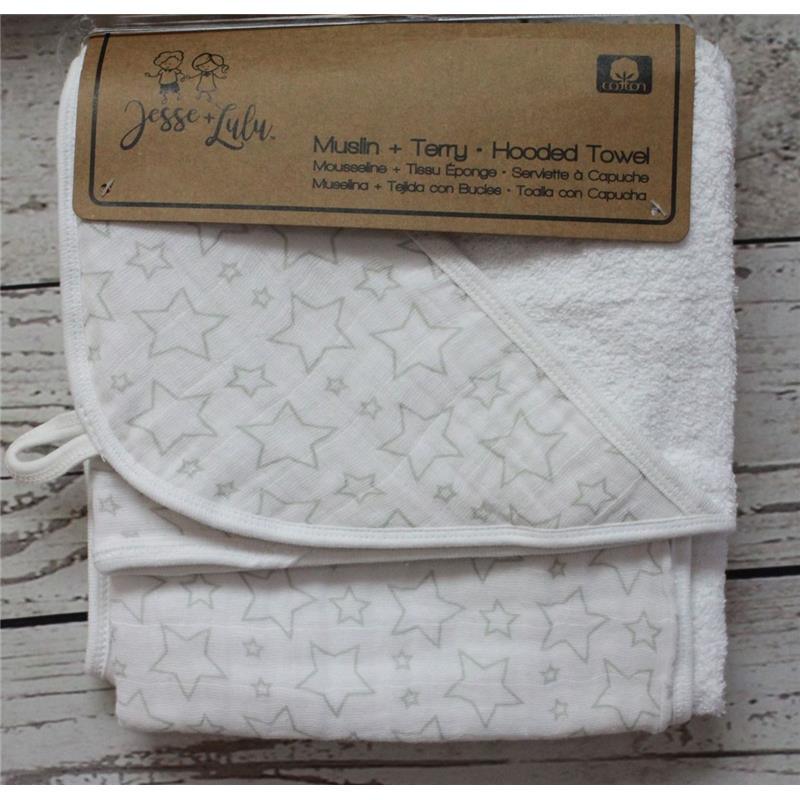 Rose Textiles - Muslin Hooded Towel Organic Cotton, Grey Stars Image 1