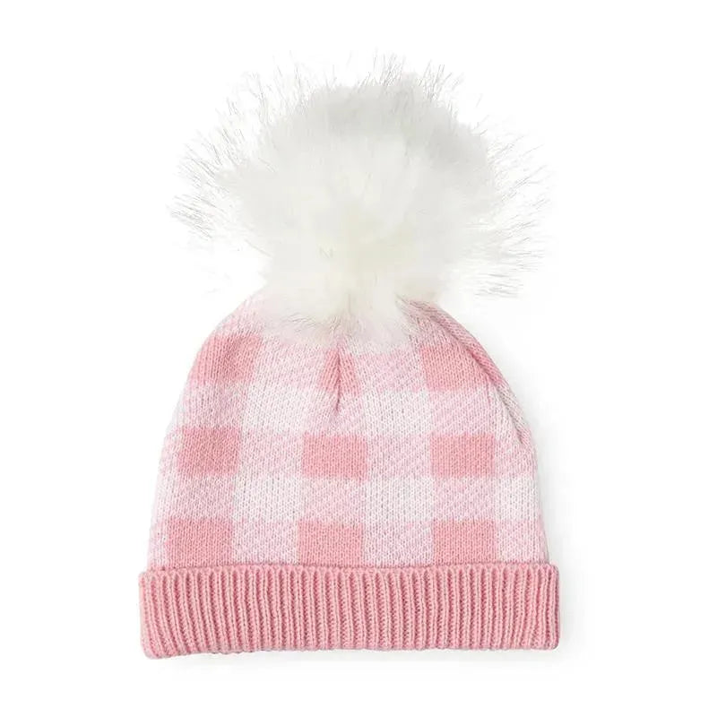 Rose Textiles - Pink Buffalo Check Faux Fur Pom-Pom Beanie & Booties Image 2