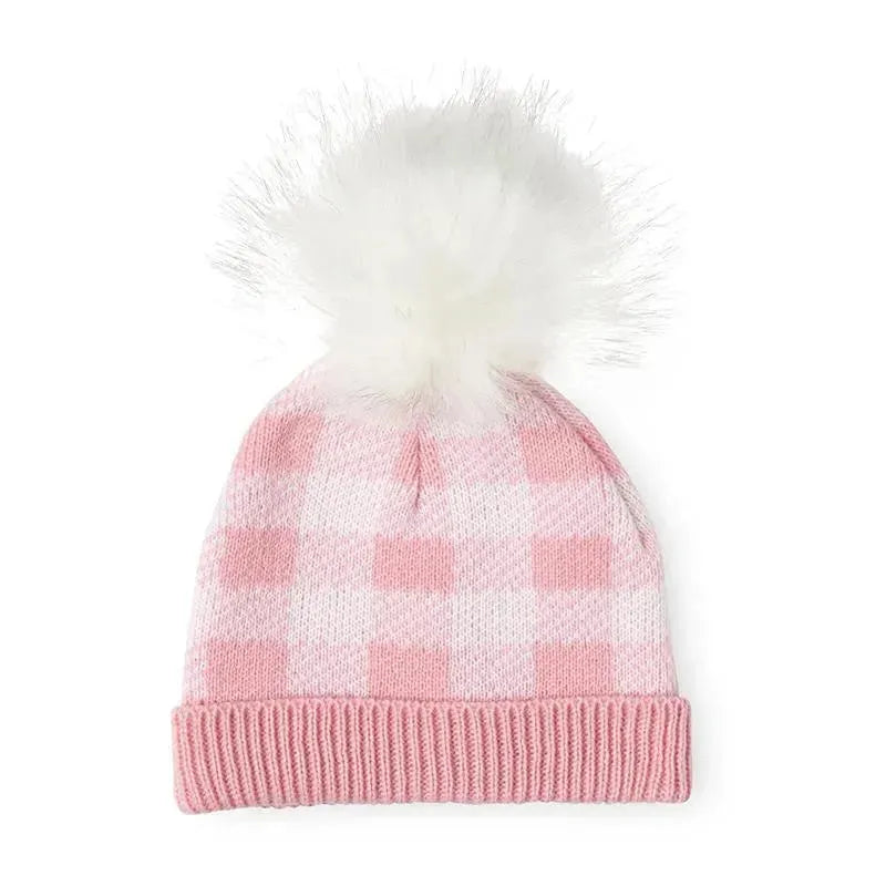 Rose Textiles - Pink Buffalo Check Faux Fur Pom-Pom Beanie & Booties Image 3