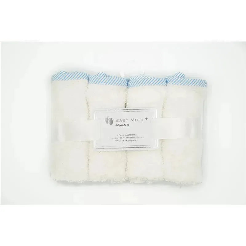 Rose Textiles White w/ Blue Striped Trim Baby Washcloths Image 1