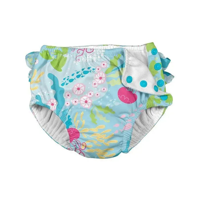 Ruffle Snap Reusable Absorbent Swimsuit Diaper Aqua Coral Image 1