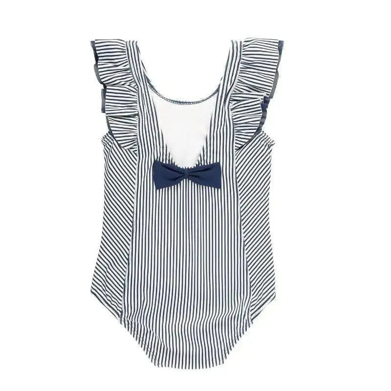 RuffleButts - Baby Girl Stripe Waterfall One Piece, Navy Image 3