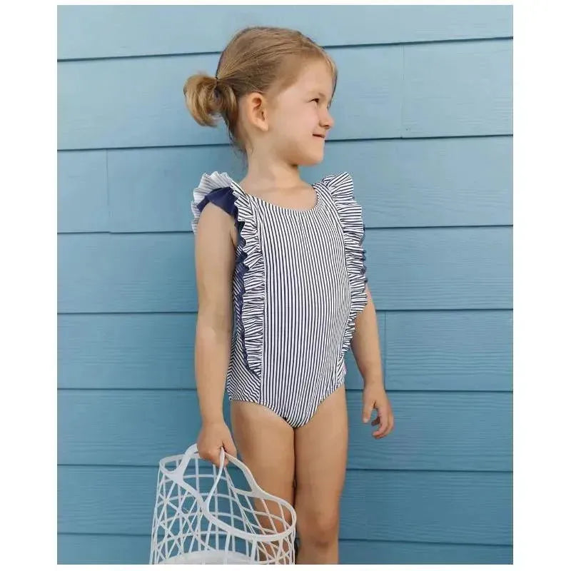RuffleButts - Baby Girl Stripe Waterfall One Piece, Navy Image 4
