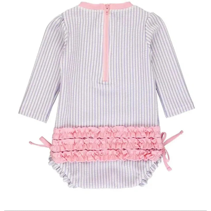Rufflebutts - Baby Girls Lavender Seersucker Long Sleeve One Piece Rash Guard, Purple Image 2