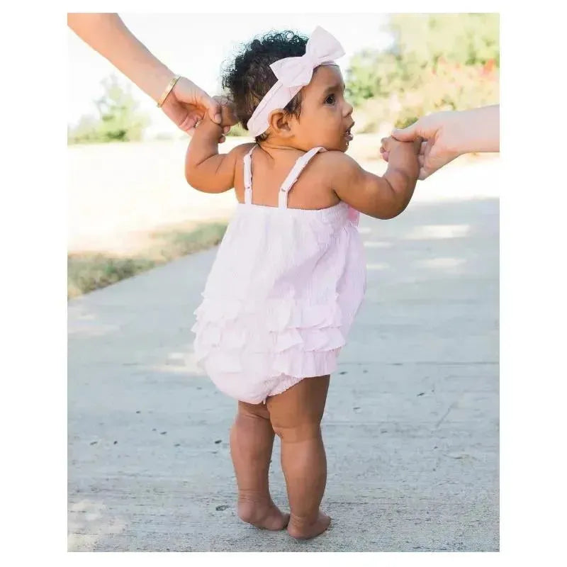 Rufflebutts - Baby Girls Pink Seersucker Bow Front Woven Bubble Romper Image 5