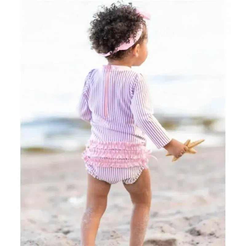 Rufflebutts - Lilac Seersucker One Piece Rash Guard  Image 2