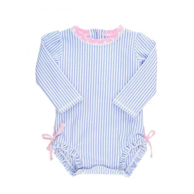 Rufflebutts - Periwinkle Blue Seersucker One Piece Rash Guard Image 2