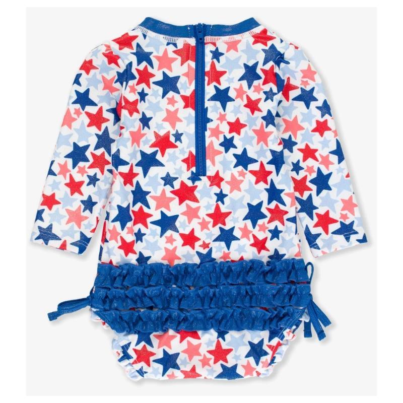 Rufflebutts - Shimmer Star-Spangled Long Sleeve One Piece Rash Guard White With Stars Image 3