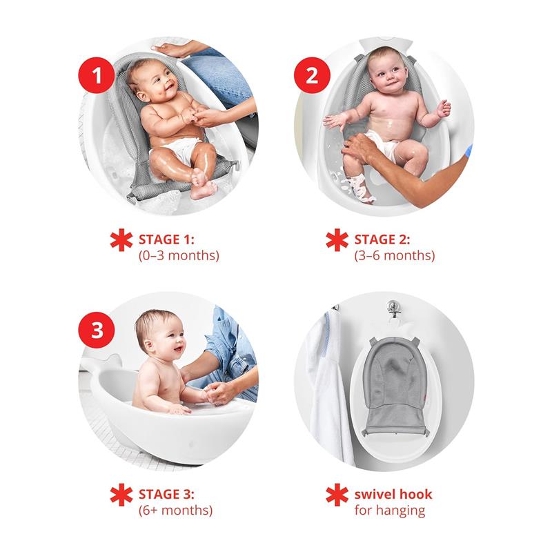 Skip Hop - Baby Bath Tub, 3-Stage Smart Sling Tub, Moby, White Image 7