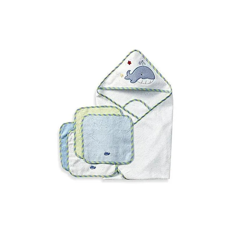 Spasilk - 4Pk Hooded Towel & 4Pk Washcloths, Blue Whale Image 1