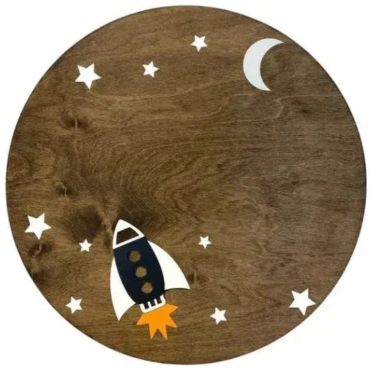 Sugar + Maple Round Personalized Wood Name Sign | Space Ship - MacroBaby