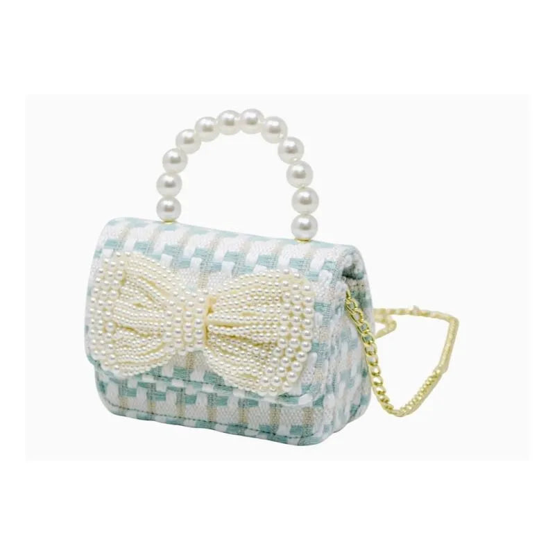 Tiny Treats - Tweed Pearl Handle Bow Purse, Blue Image 3