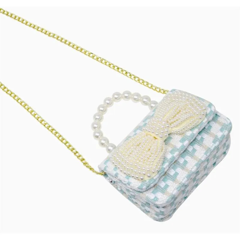 Tiny Treats - Tweed Pearl Handle Bow Purse, Blue Image 4