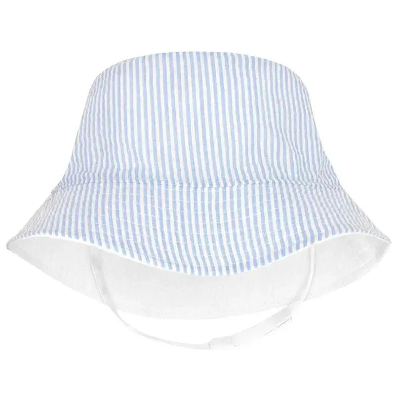 Wee Ones - Girls Reversible Ruffle Brim Seersucker Sun Hat, Blue Stripes  Image 1