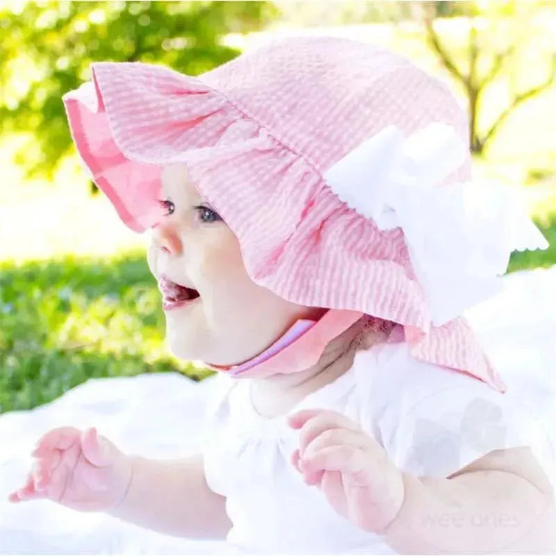 Wee Ones - Girls Reversible Ruffle Brim Seersucker Sun Hat, Pink Stripes  Image 2